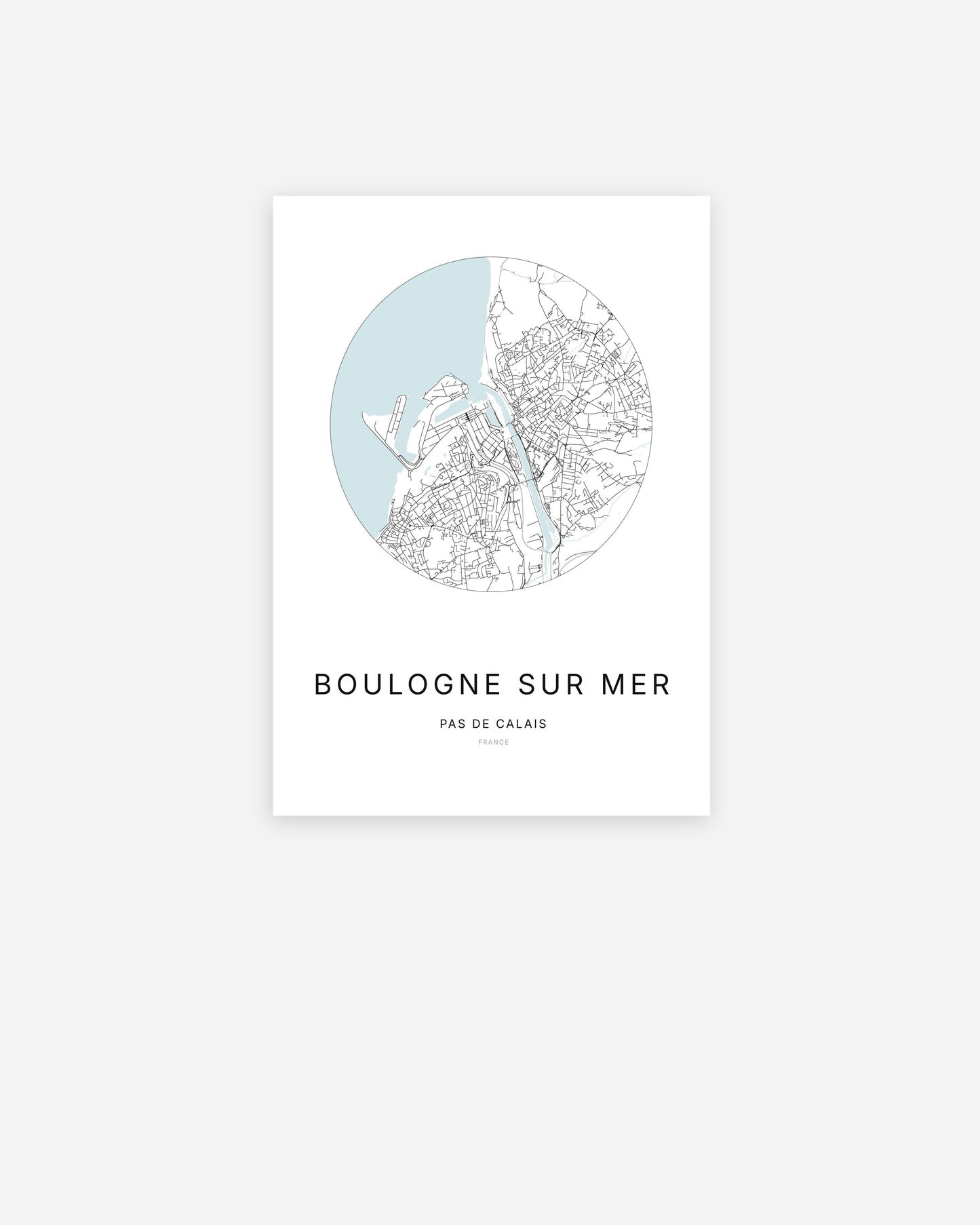 Affiche minimaliste de Boulogne-sur-Mer représentant le plan de la ville en design épuré.