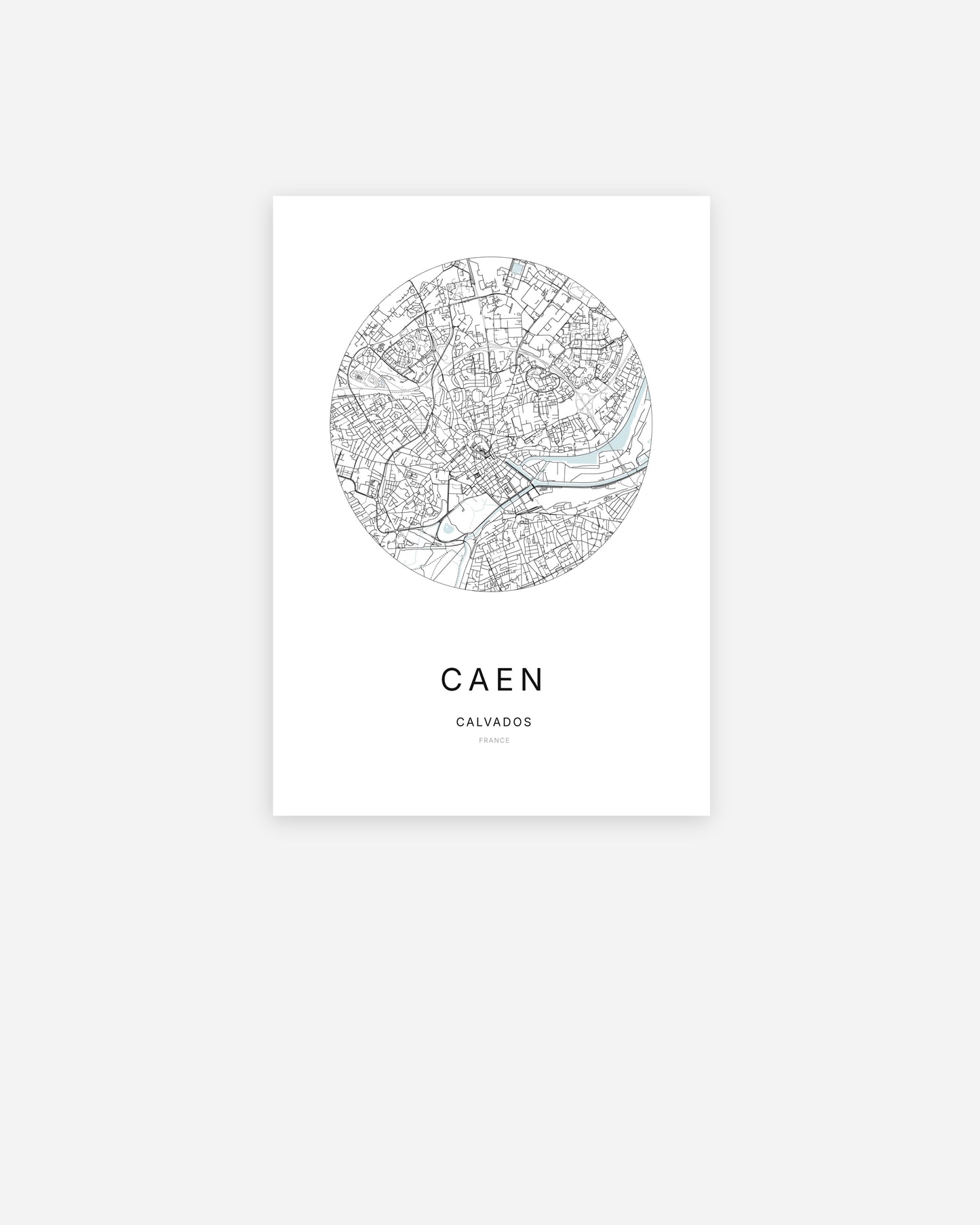 Affiche minimaliste de Caen représentant le plan de la ville en design épuré