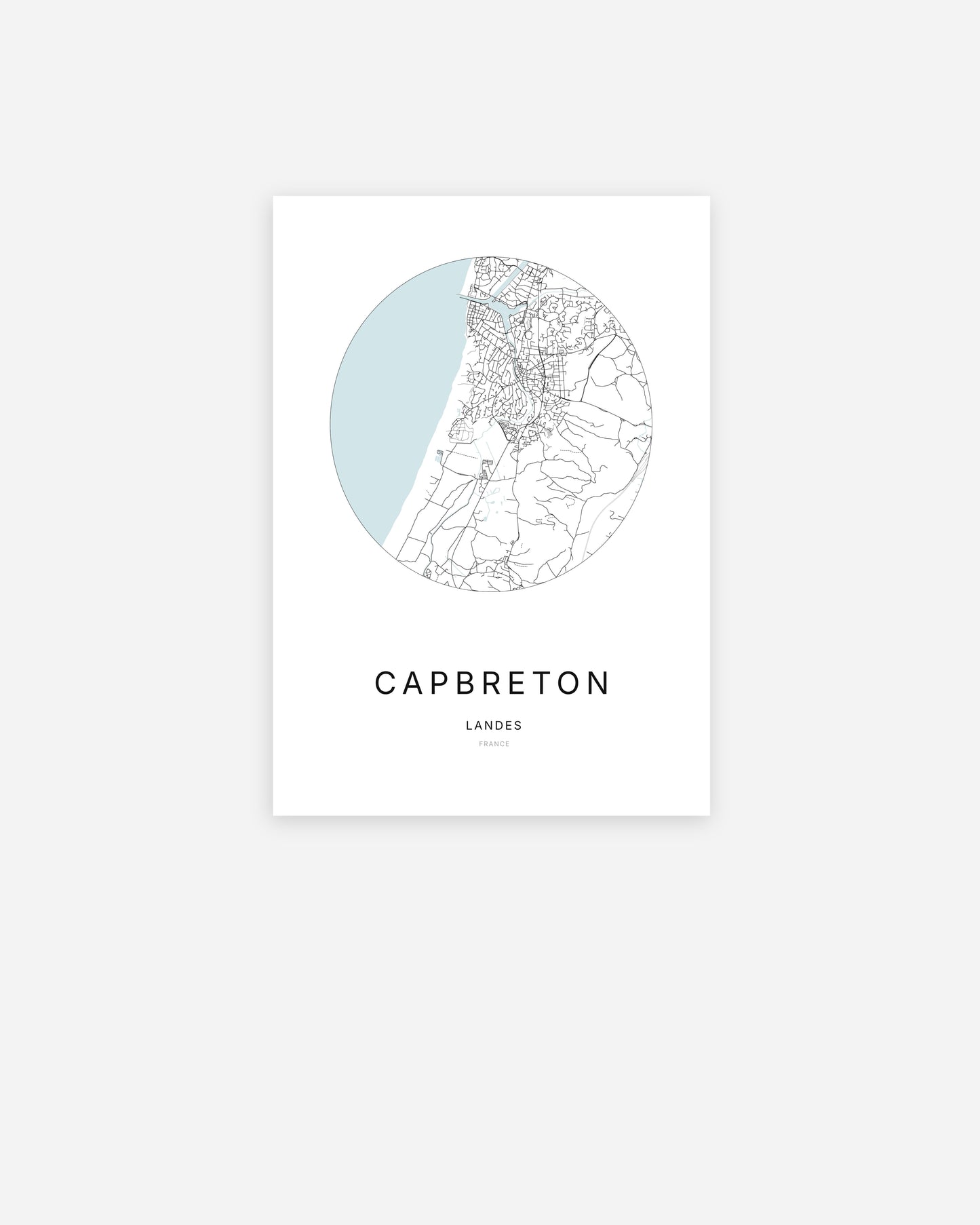 Affiche minimaliste de Capbreton représentant le plan de la ville en design épuré.