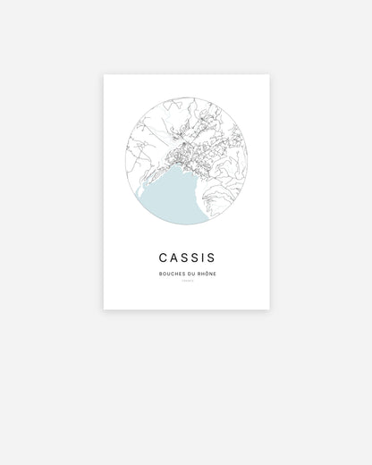Affiche minimaliste de Cassis représentant le plan de la ville en design épuré.