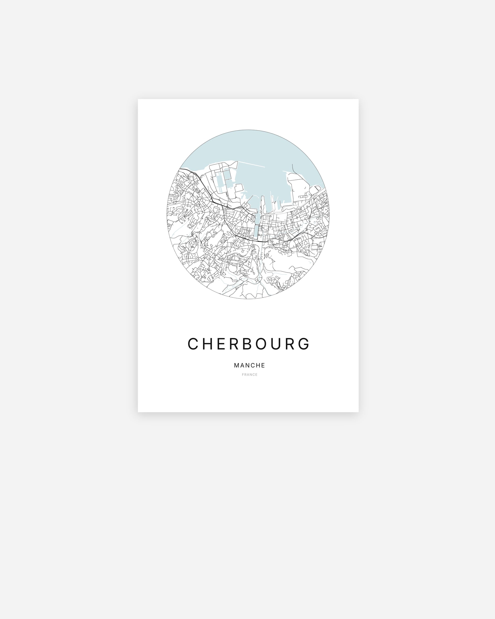 Affiche minimaliste de Cherbourg représentant le plan de la ville en design épuré.
