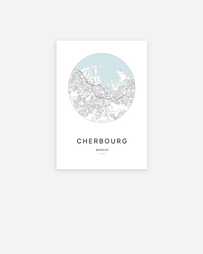 Affiche minimaliste de Cherbourg représentant le plan de la ville en design épuré.
