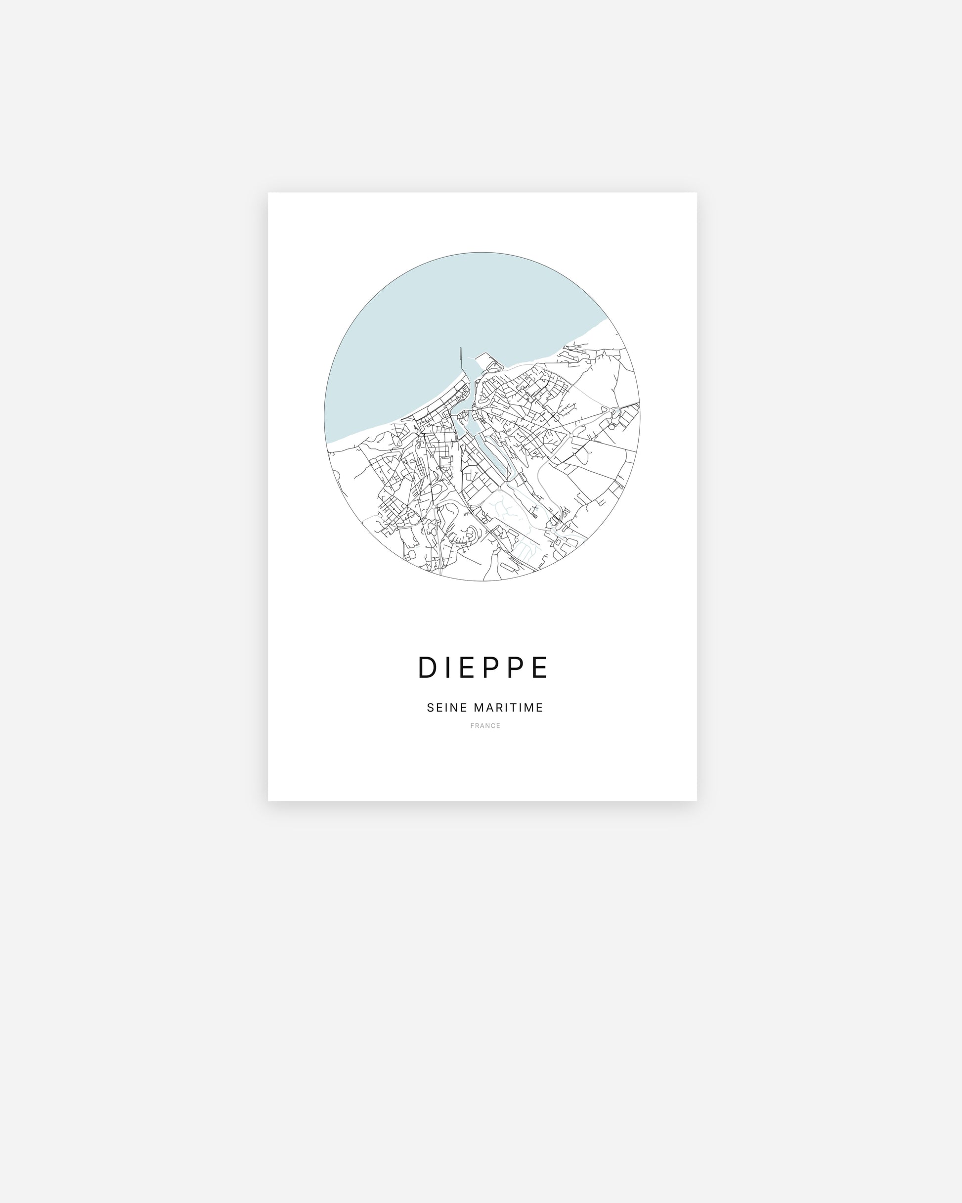 Affiche minimaliste de Dieppe représentant le plan de la ville en design épuré.