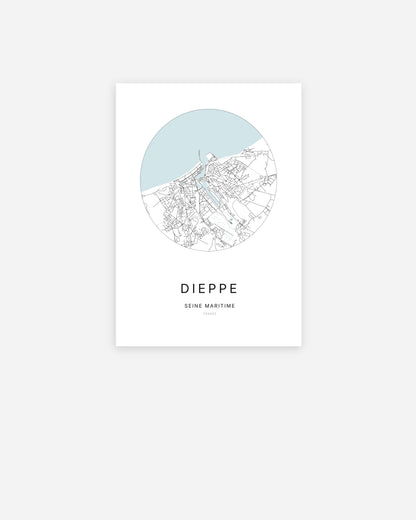 Affiche minimaliste de Dieppe représentant le plan de la ville en design épuré.