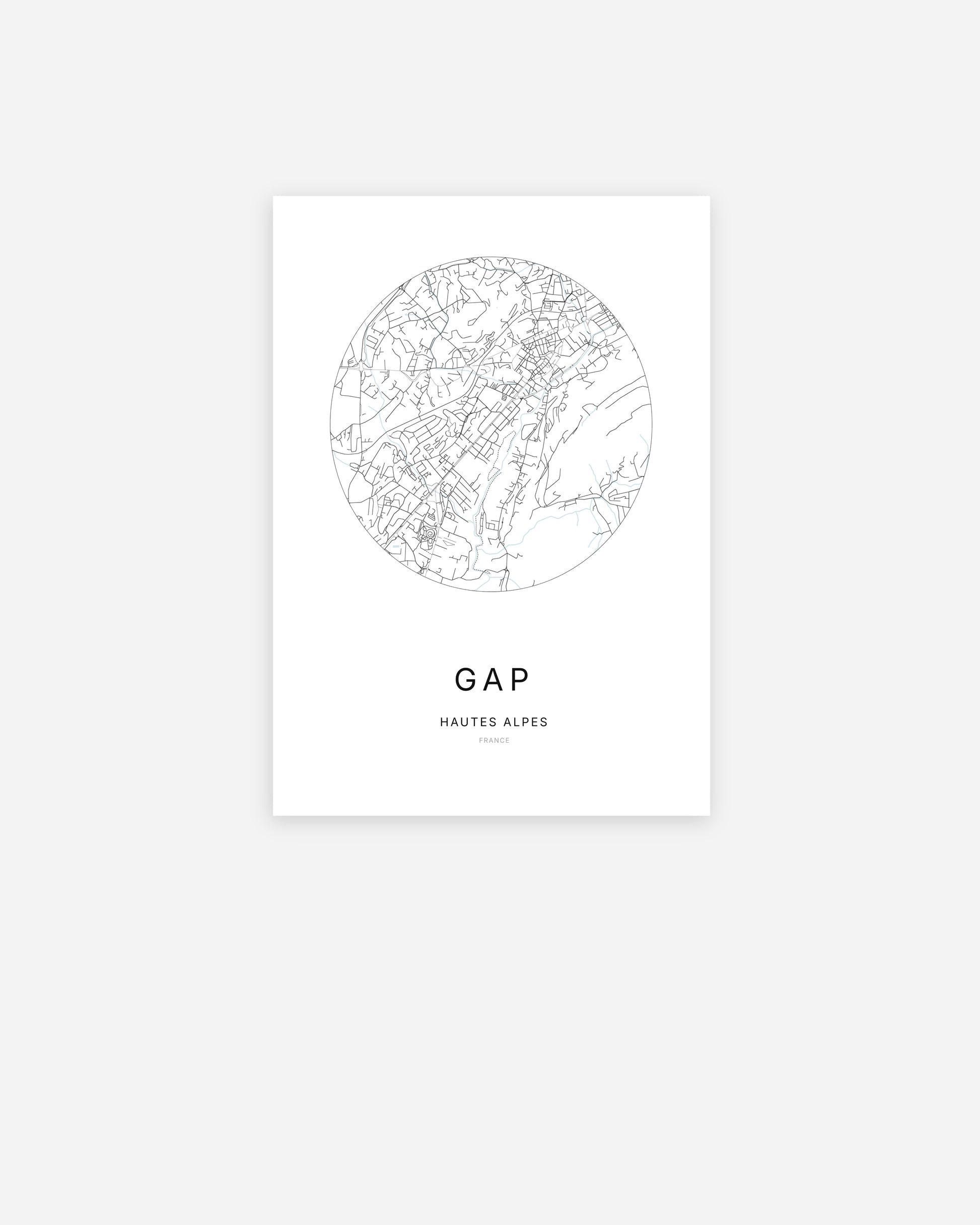 Affiche minimaliste de Gap représentant le plan de la ville en design épuré.