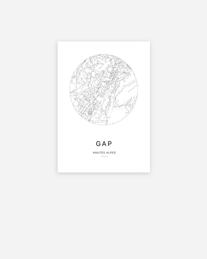 Affiche minimaliste de Gap représentant le plan de la ville en design épuré.