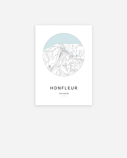 Affiche minimaliste de Honfleur représentant le plan de la ville en design épuré.