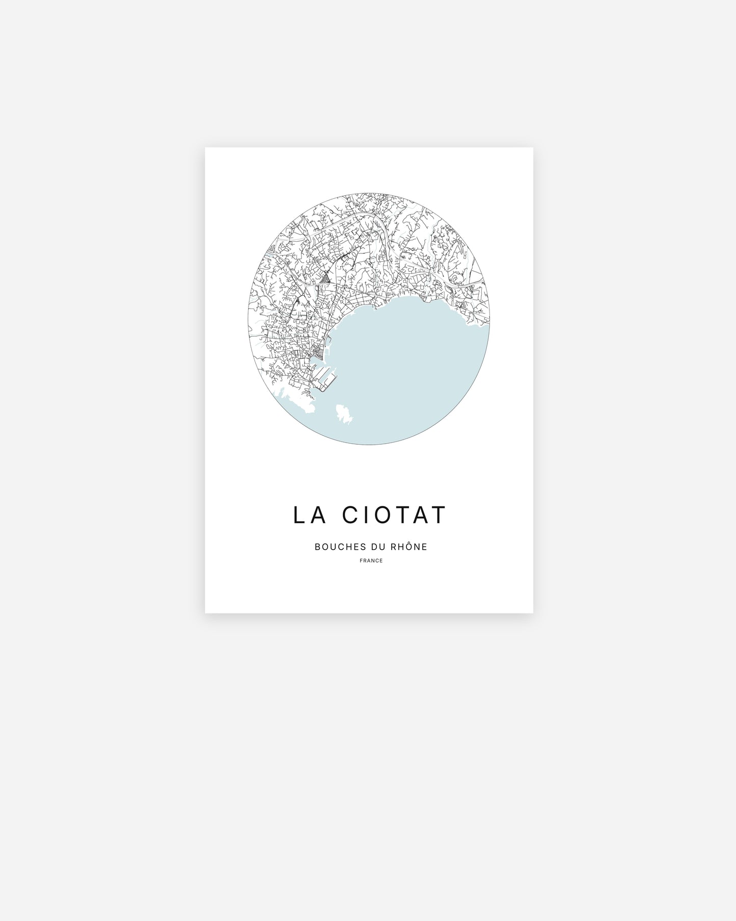 Affiche minimaliste de La Ciotat représentant le plan de la ville en design épuré.