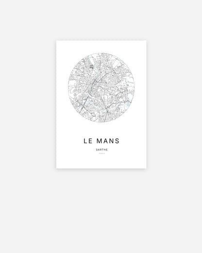 Affiche minimaliste du Mans représentant le plan de la ville en design épuré.