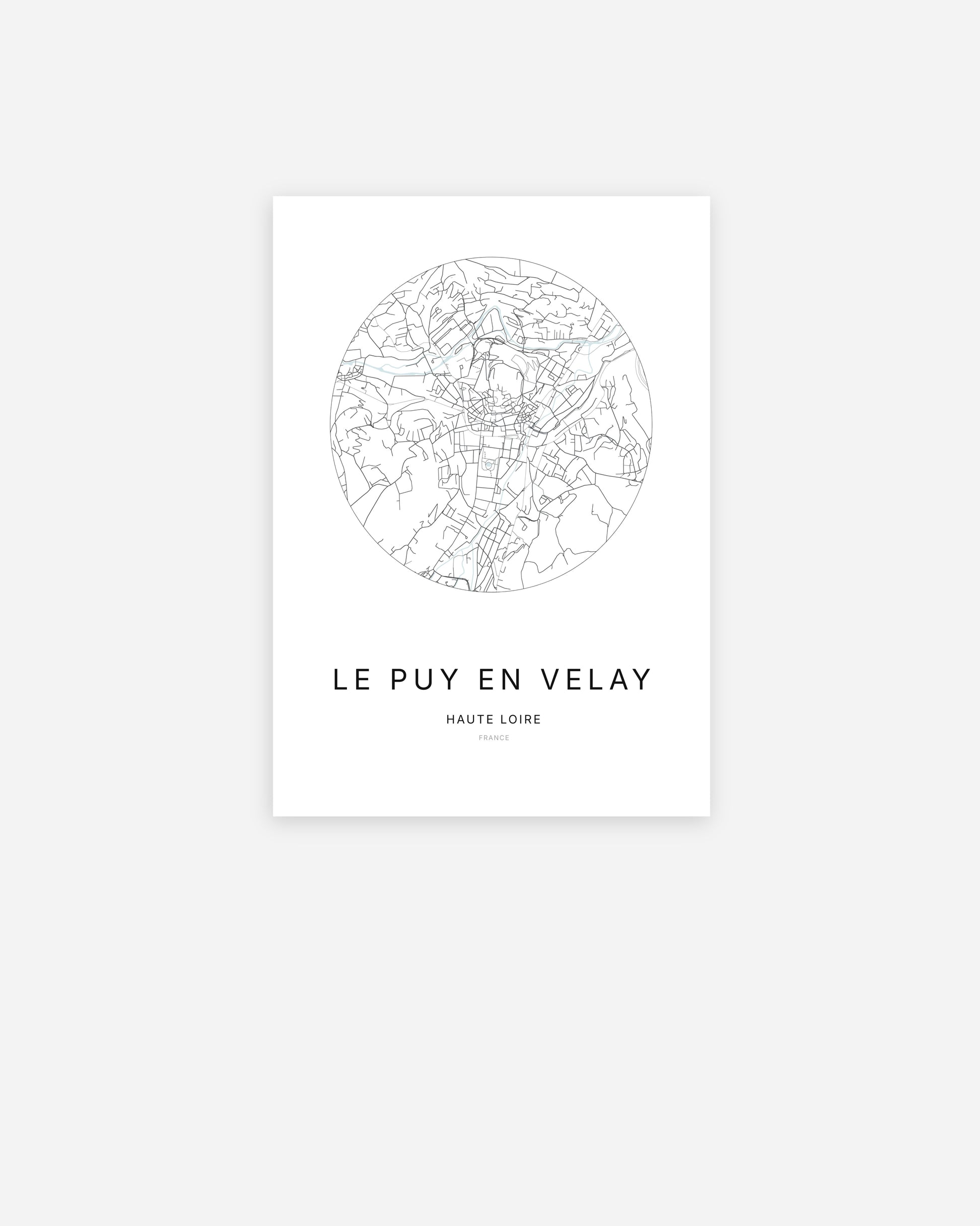 Affiche minimaliste de Le Puy-en-Velay représentant le plan de la ville en design épuré.