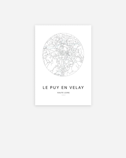 Affiche minimaliste de Le Puy-en-Velay représentant le plan de la ville en design épuré.