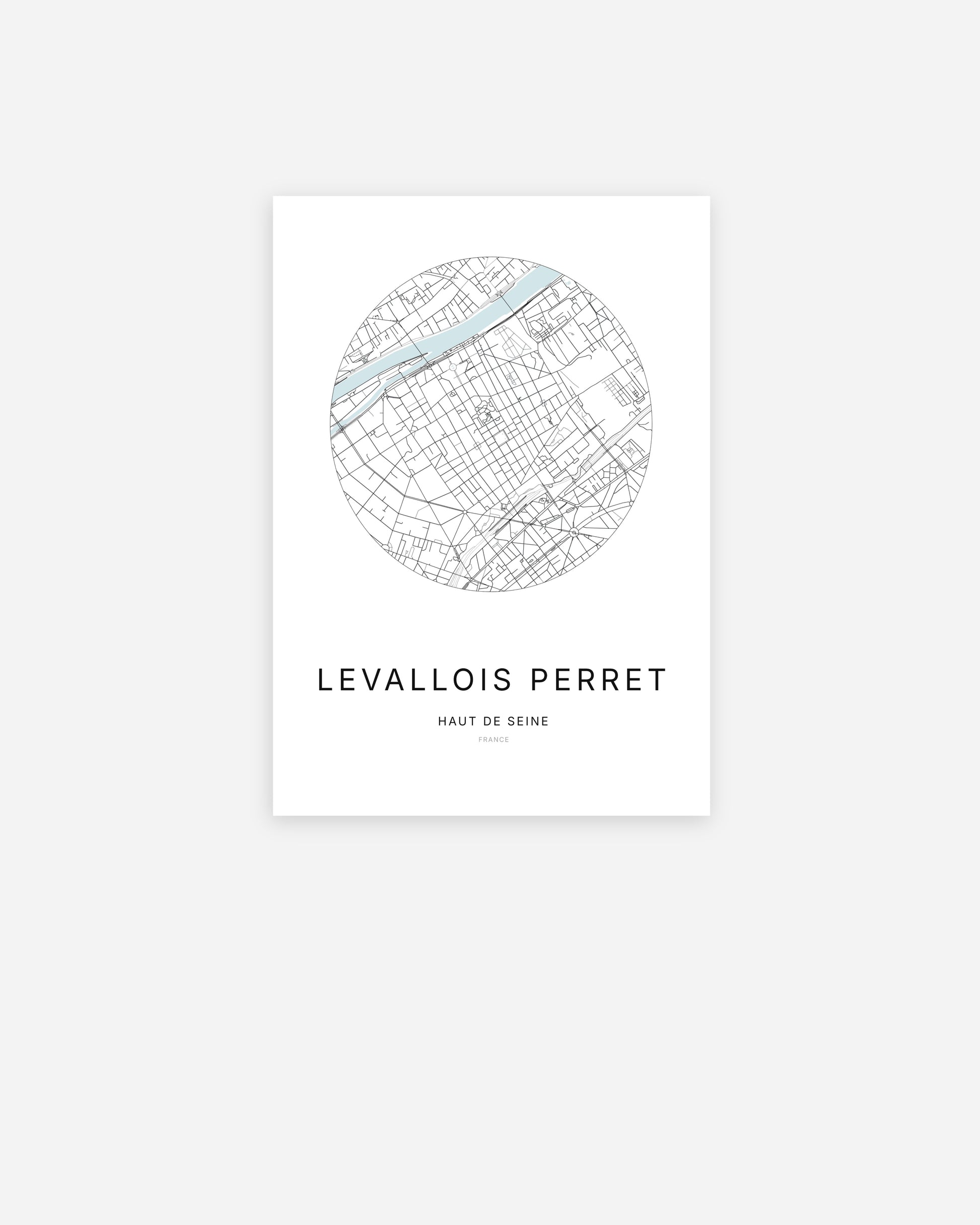 Affiche minimaliste de Levallois-Perret représentant le plan de la ville en design épuré.