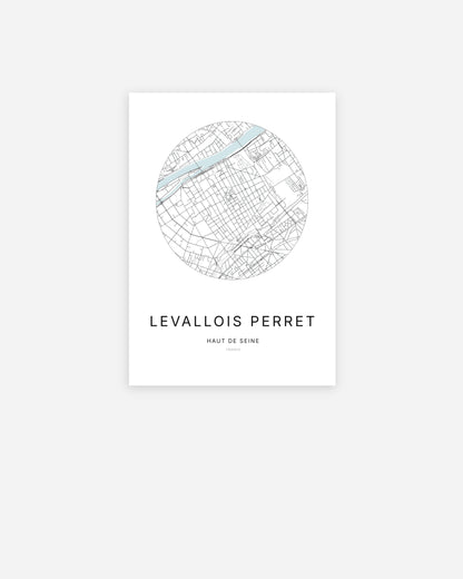 Affiche minimaliste de Levallois-Perret représentant le plan de la ville en design épuré.