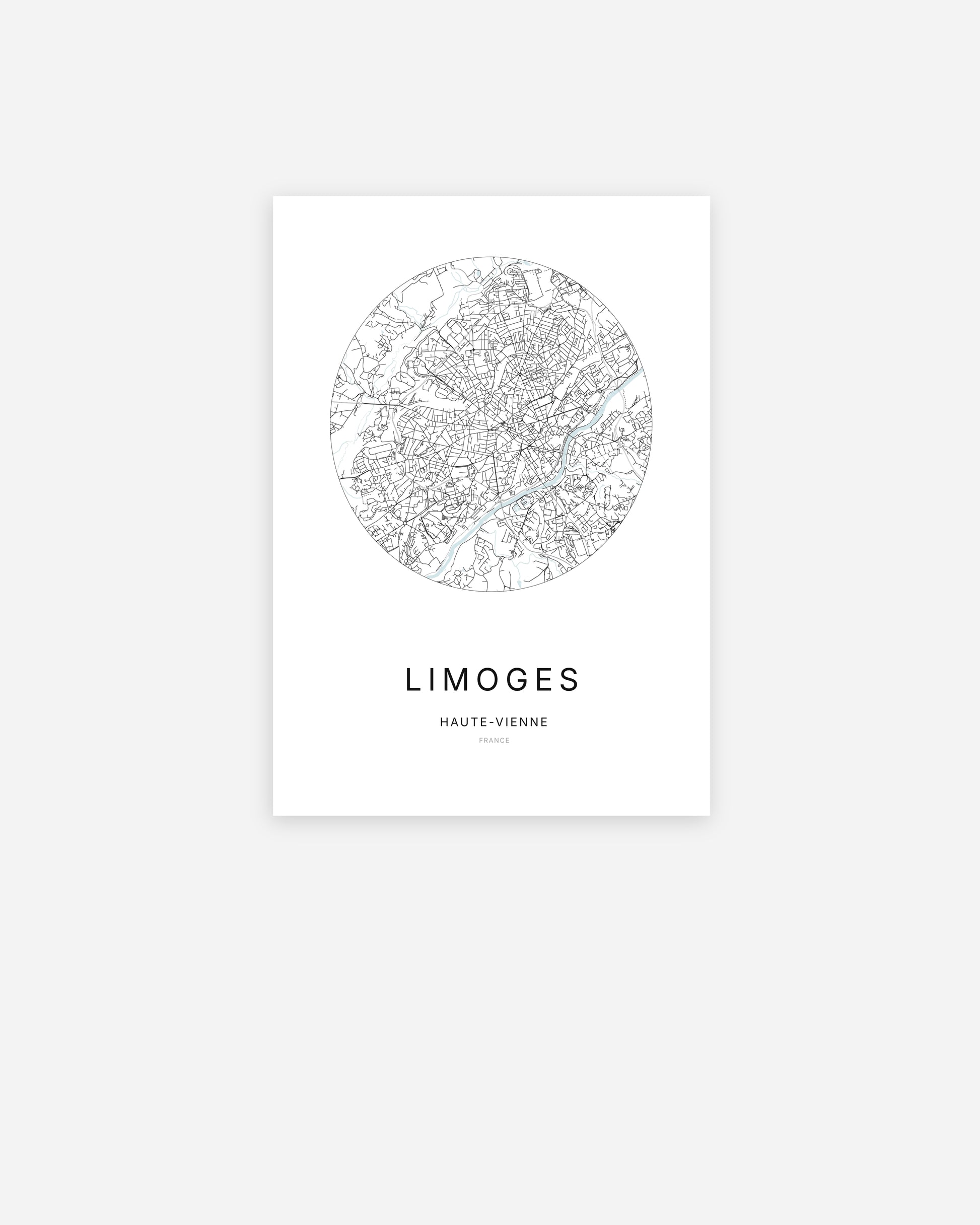 Affiche minimaliste de Limoges représentant le plan de la ville en design épuré