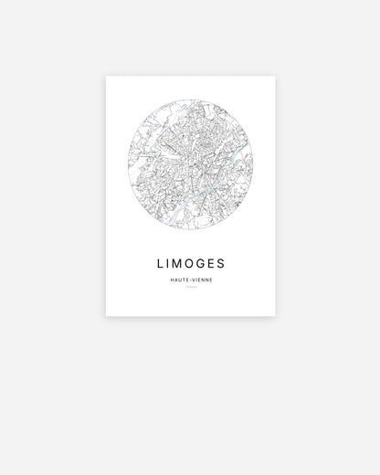Affiche minimaliste de Limoges représentant le plan de la ville en design épuré