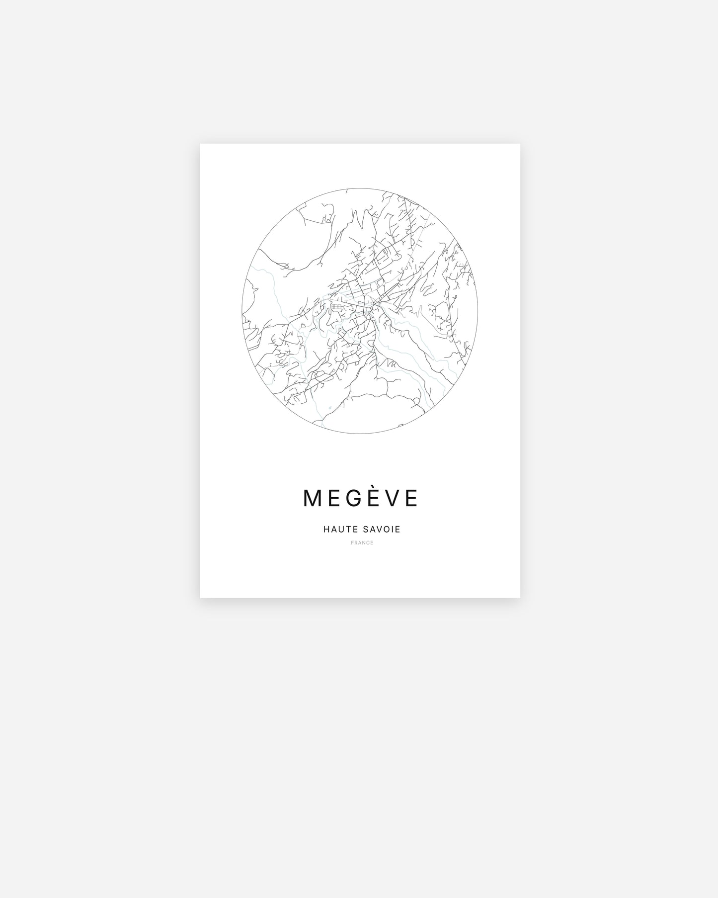 Affiche minimaliste de Megève représentant le plan de la ville en design épuré.