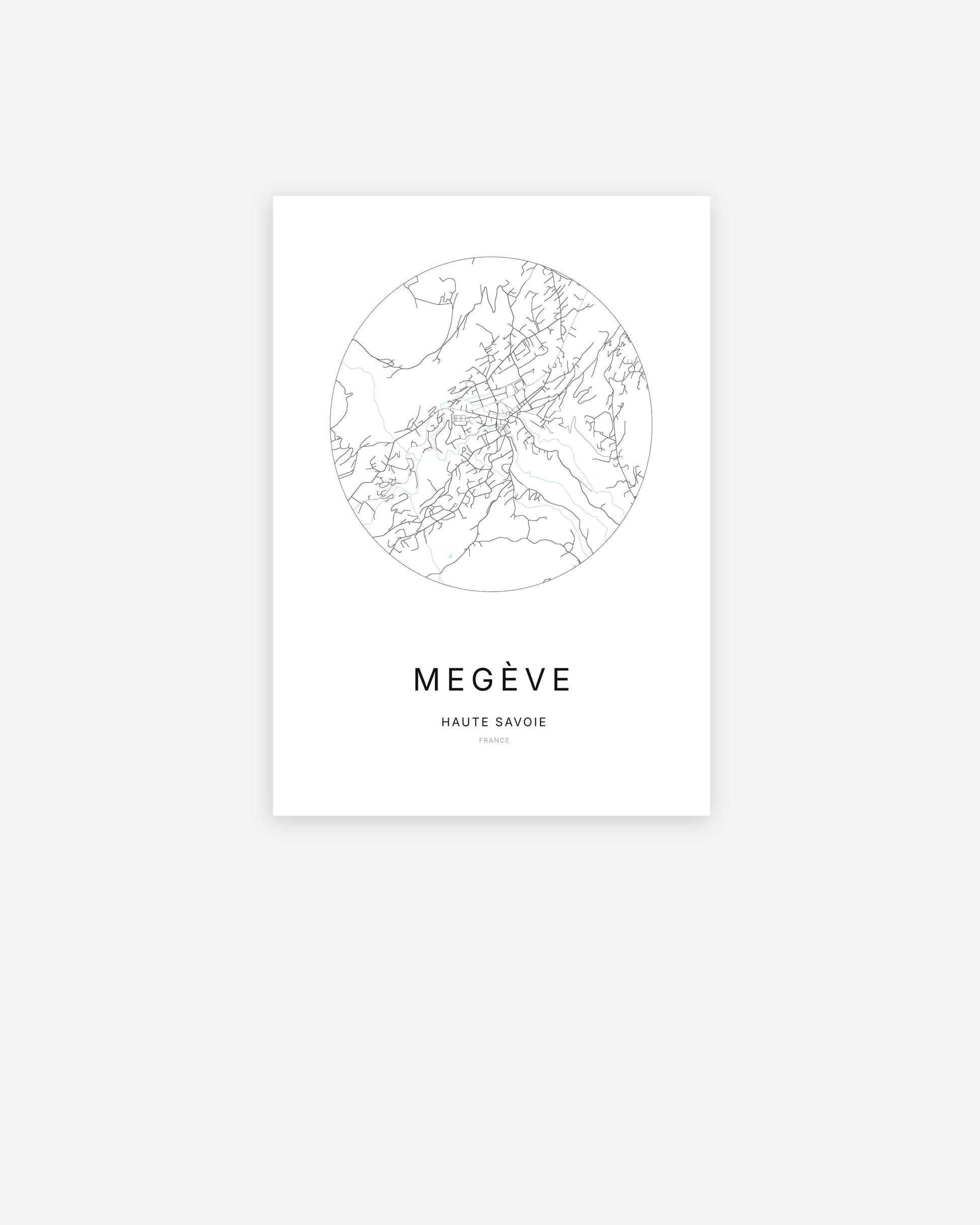 Affiche minimaliste de Megève représentant le plan de la ville en design épuré.