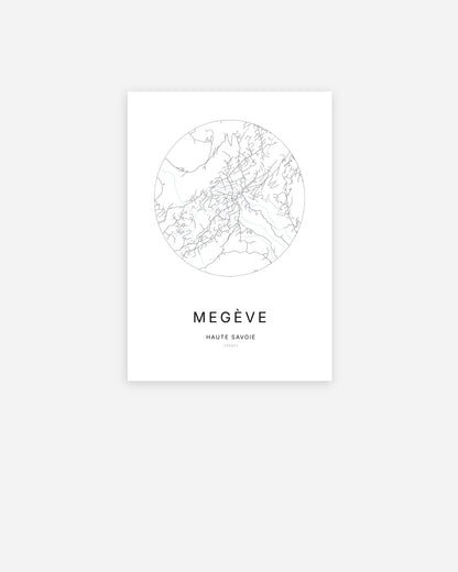 Affiche minimaliste de Megève représentant le plan de la ville en design épuré.