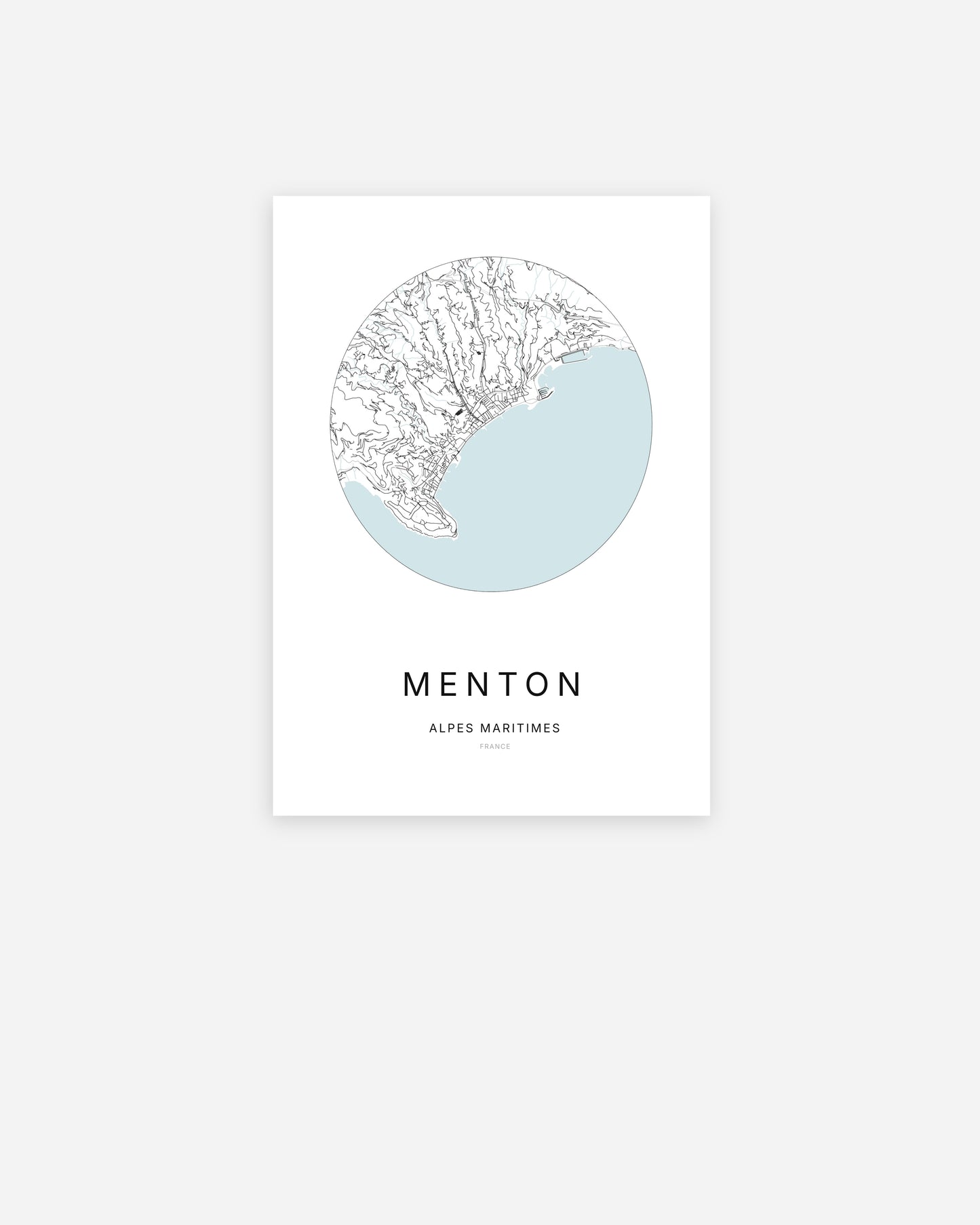 Affiche minimaliste de Menton représentant le plan de la ville en design épuré.