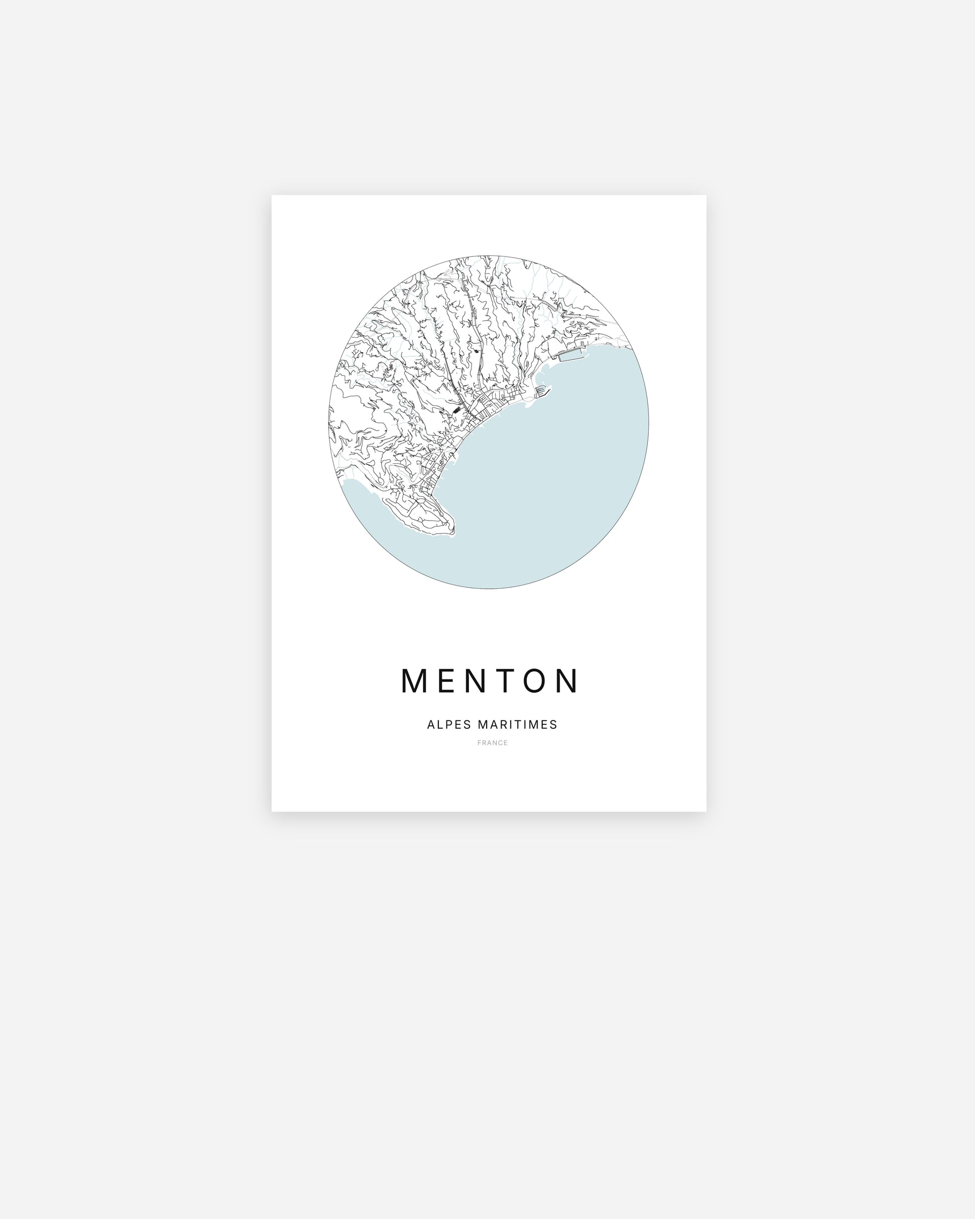 Affiche minimaliste de Menton représentant le plan de la ville en design épuré.
