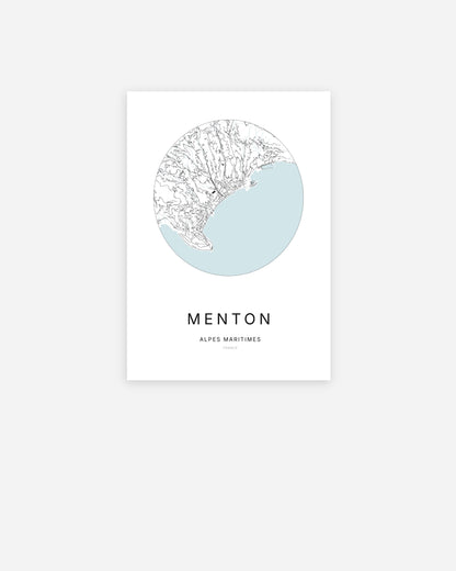 Affiche minimaliste de Menton représentant le plan de la ville en design épuré.