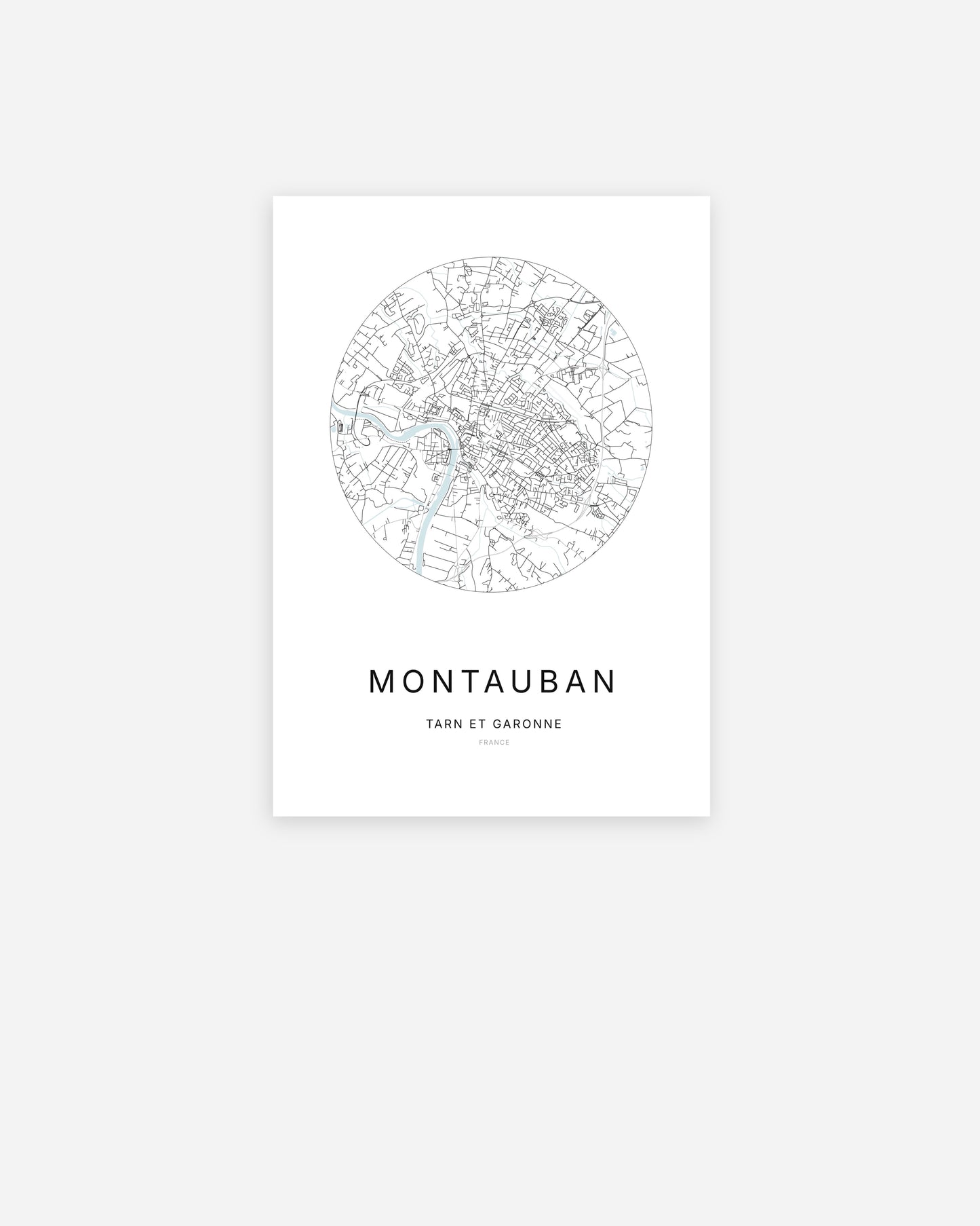 Affiche minimaliste de Montauban représentant le plan de la ville en design épuré.