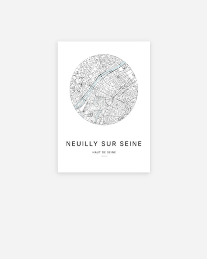 Affiche minimaliste de Neuilly-sur-Seine représentant le plan de la ville en design épuré.