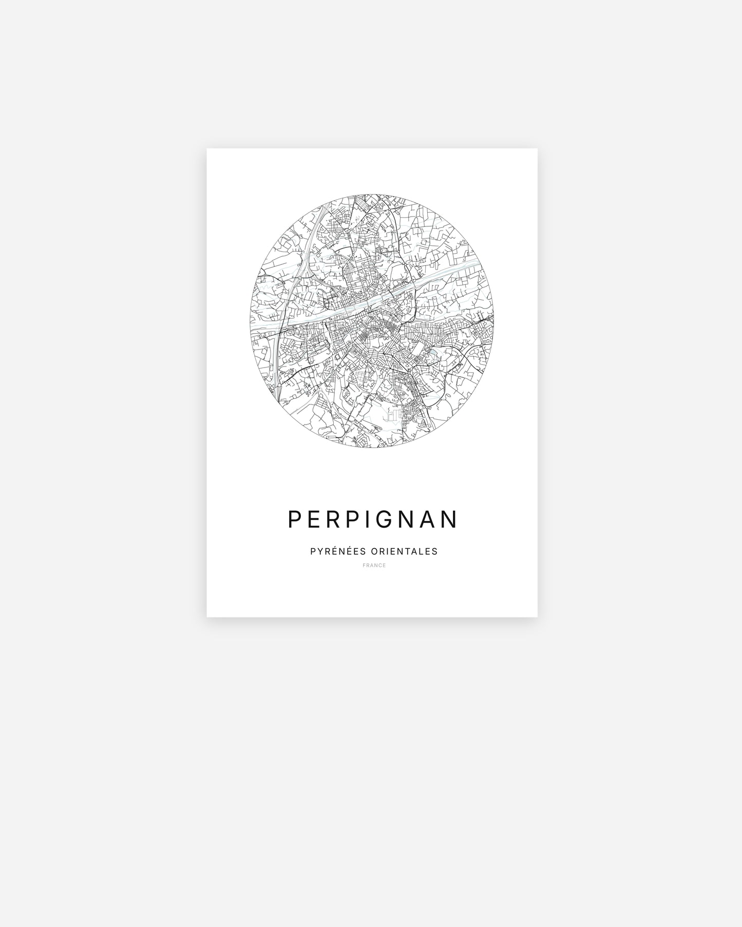 Affiche minimaliste de Perpignan représentant le plan de la ville en design épuré
