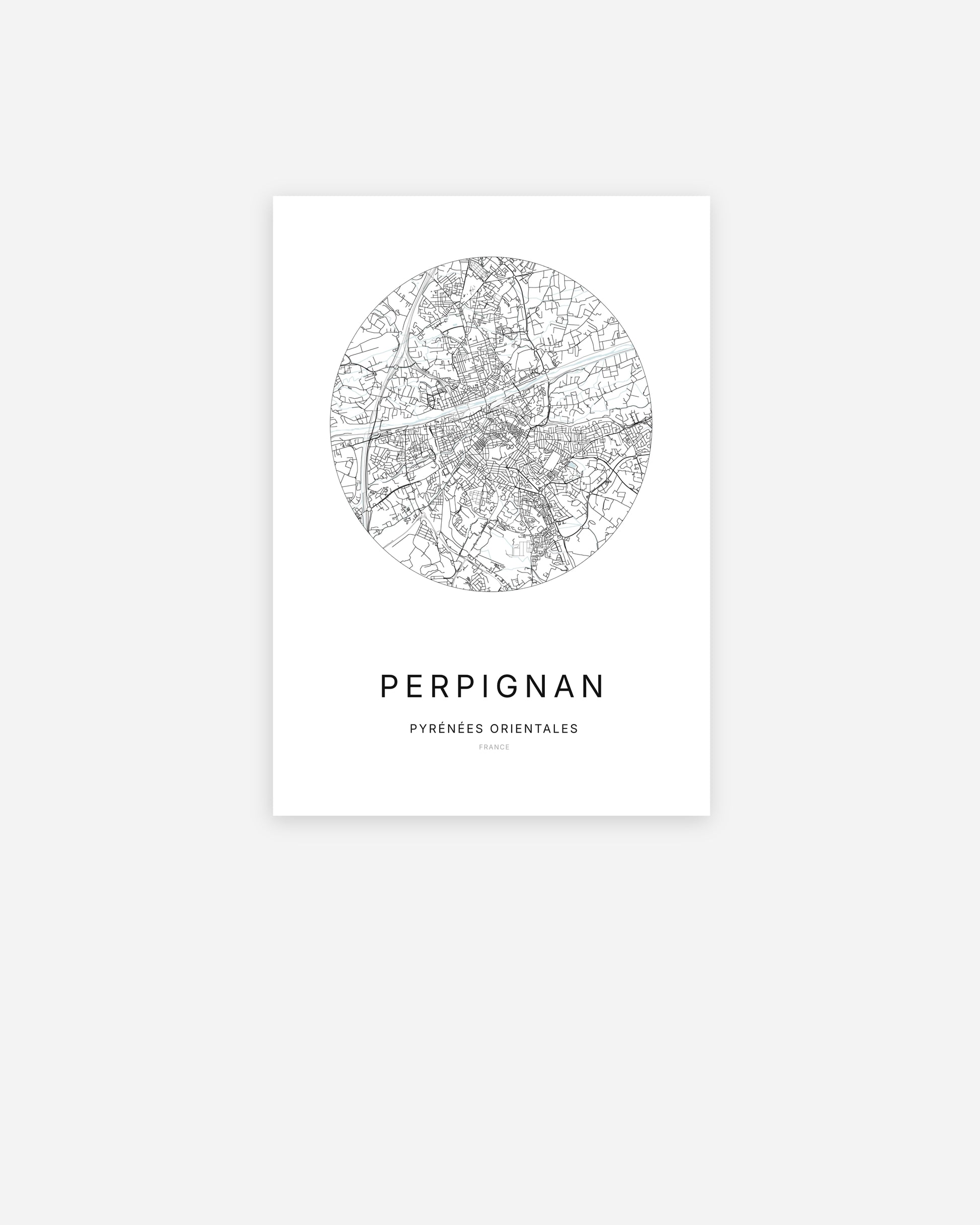 Affiche minimaliste de Perpignan représentant le plan de la ville en design épuré