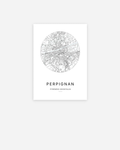 Affiche minimaliste de Perpignan représentant le plan de la ville en design épuré