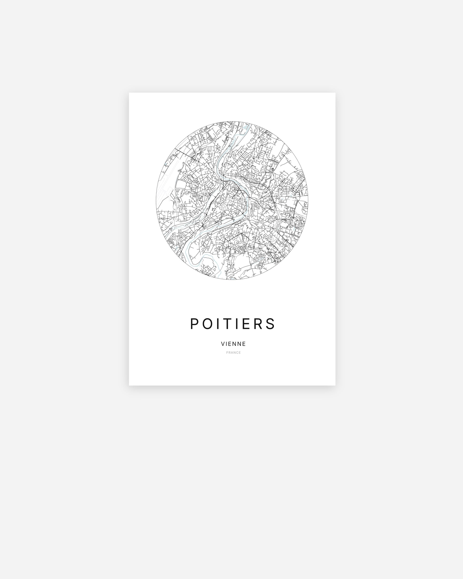 Affiche minimaliste de Poitiers représentant le plan de la ville en design épuré.