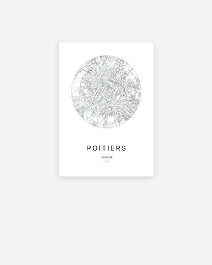 Affiche minimaliste de Poitiers représentant le plan de la ville en design épuré.