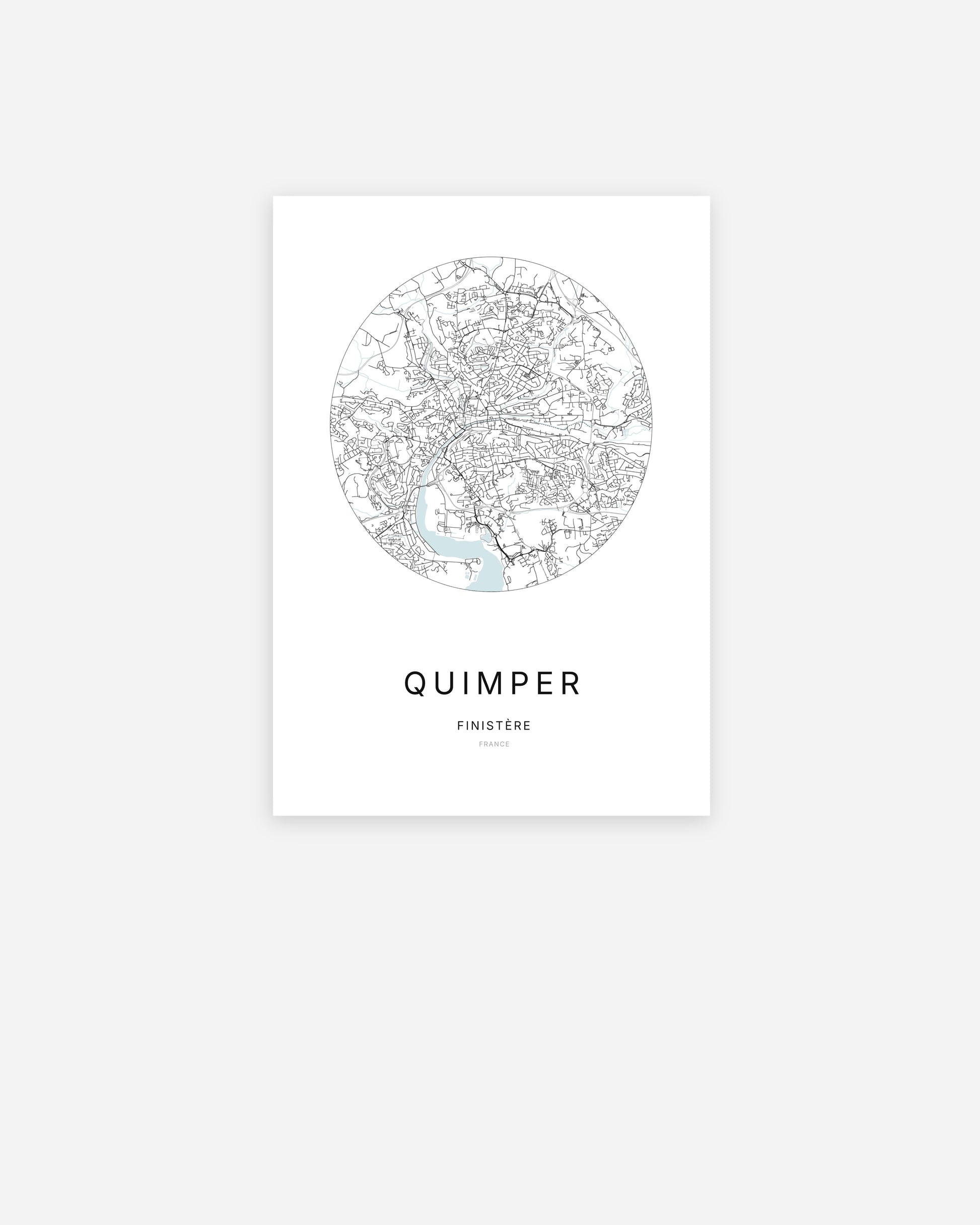 Affiche minimaliste de Quimper représentant le plan de la ville en design épuré