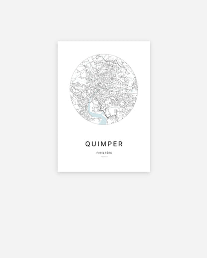 Affiche minimaliste de Quimper représentant le plan de la ville en design épuré
