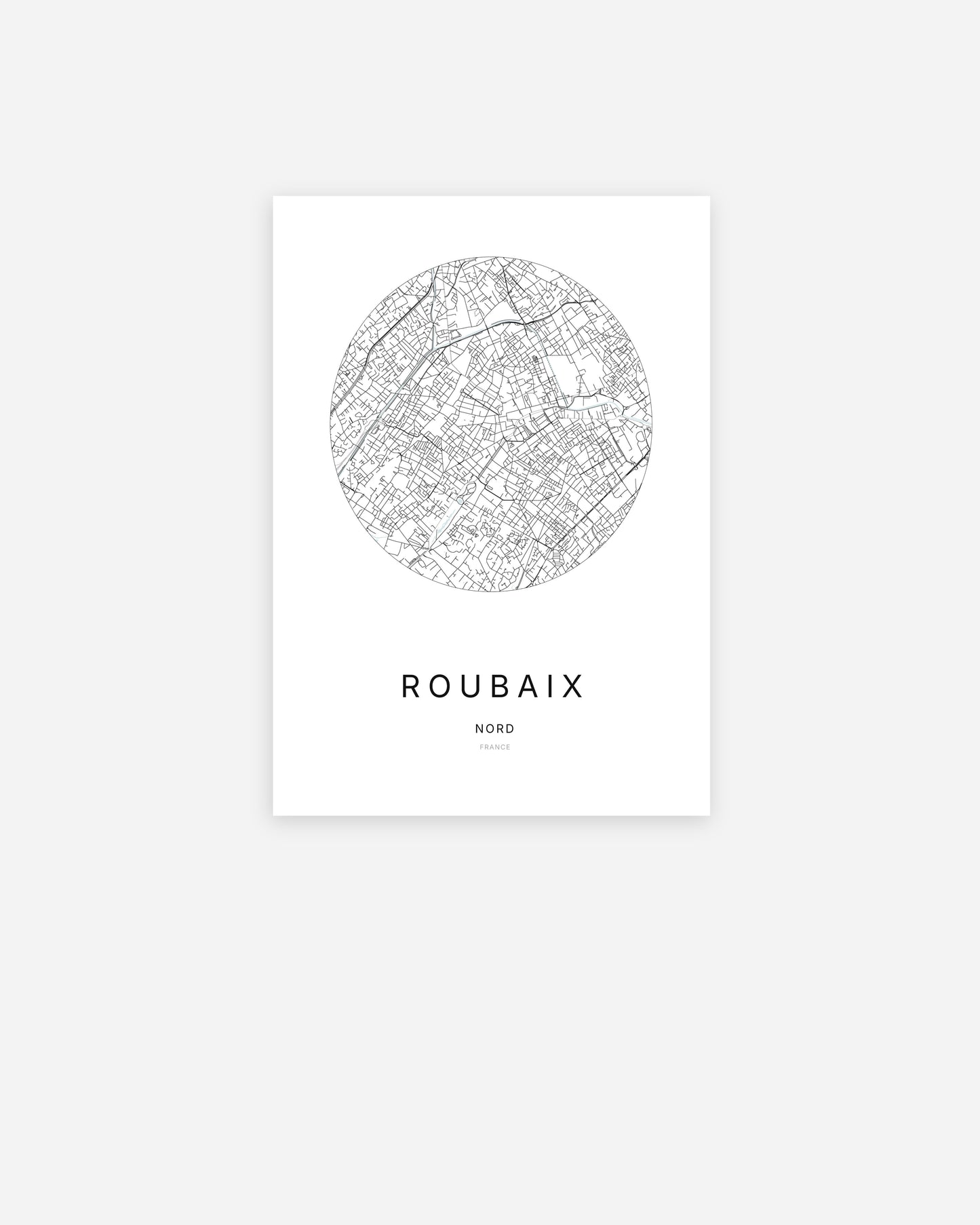 Affiche minimaliste de Roubaix représentant le plan de la ville en design épuré.