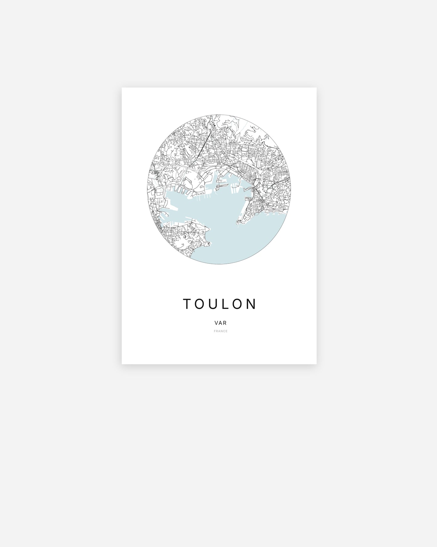 Affiche minimaliste de Toulon représentant le plan de la ville en design épuré