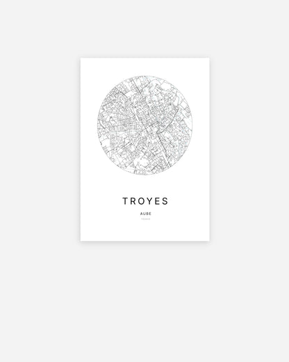 Affiche minimaliste de Troyes représentant le plan de la ville en design épuré.