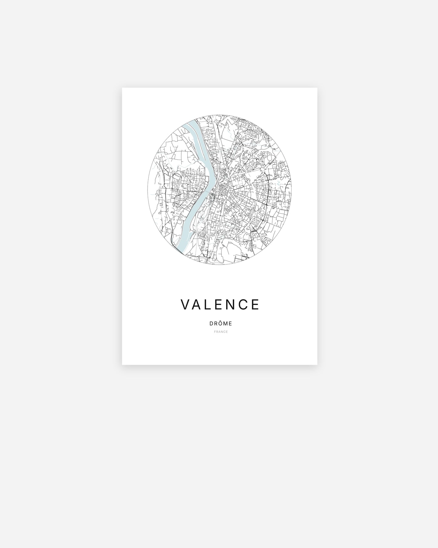 Affiche minimaliste de Valence représentant le plan de la ville en design épuré.