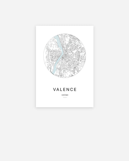 Affiche minimaliste de Valence représentant le plan de la ville en design épuré.