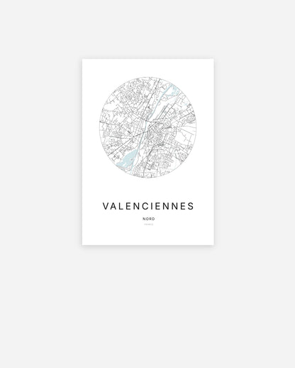 Affiche minimaliste de Valenciennes représentant le plan de la ville en design épuré.