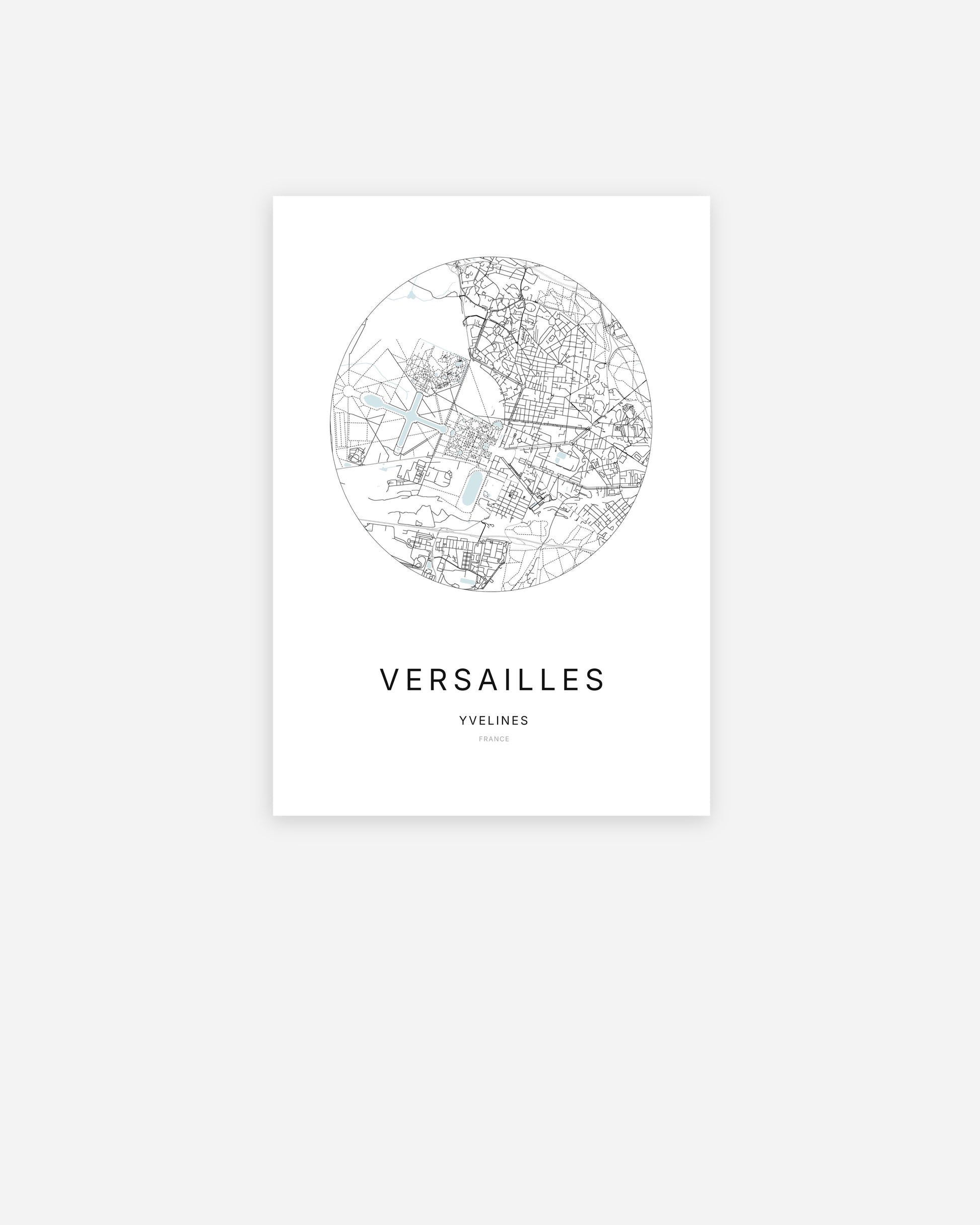 Affiche minimaliste de Versailles représentant le plan de la ville en design épuré.