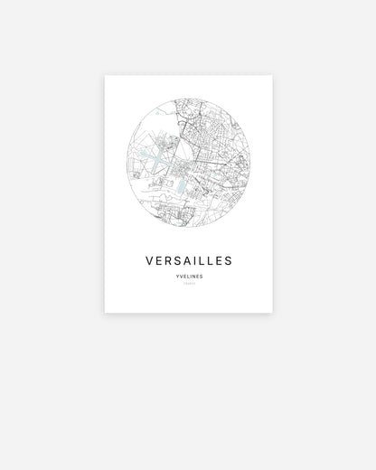 Affiche minimaliste de Versailles représentant le plan de la ville en design épuré.