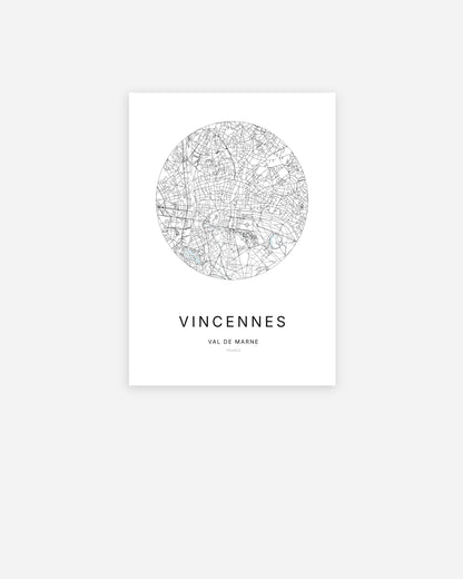 Affiche minimaliste de Vincennes représentant le plan de la ville en design épuré.