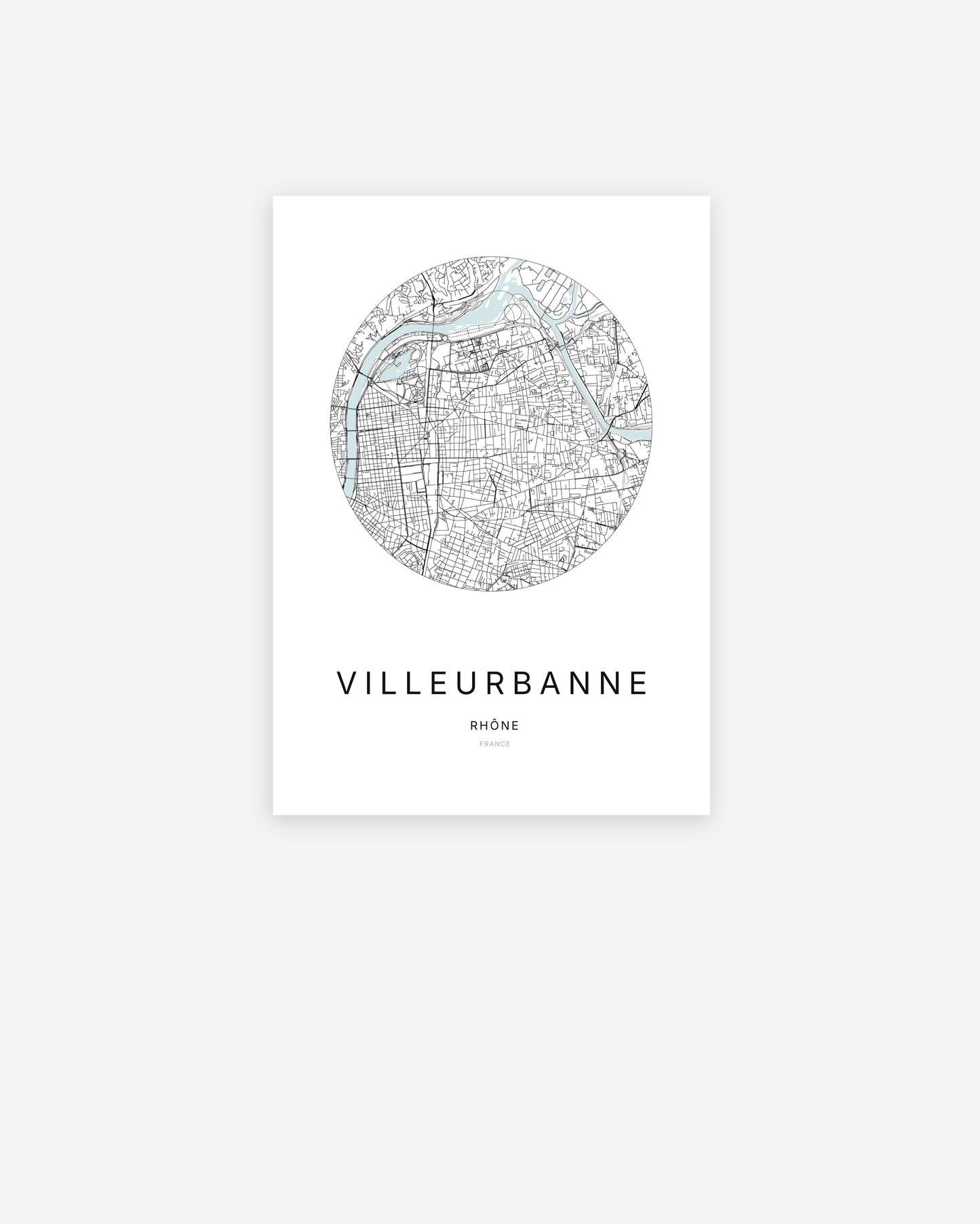 Affiche minimaliste de Villeurbanne représentant le plan de la ville en design épuré
