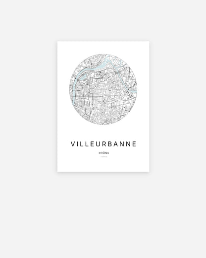 Affiche minimaliste de Villeurbanne représentant le plan de la ville en design épuré