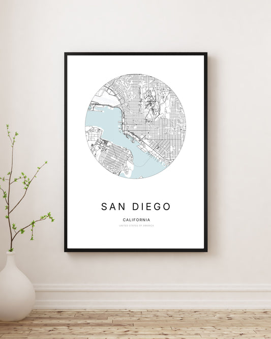 Affiche minimaliste du plan de la ville de San Diego.