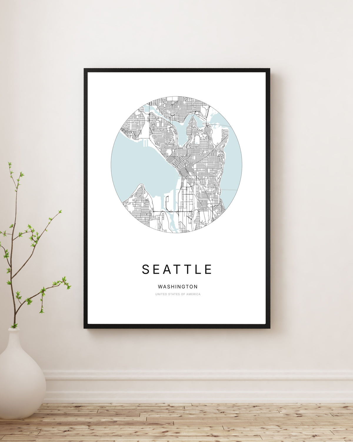Affiche minimaliste du plan de la ville de Seattle.