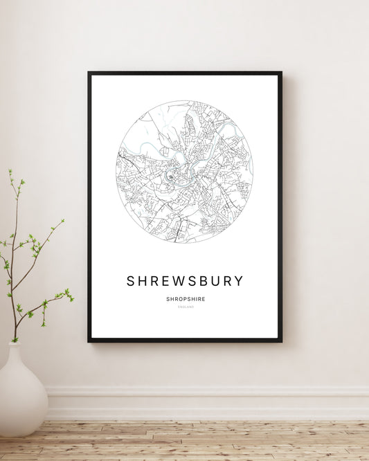 Affiche minimaliste du plan de la ville de Shrewsbury.