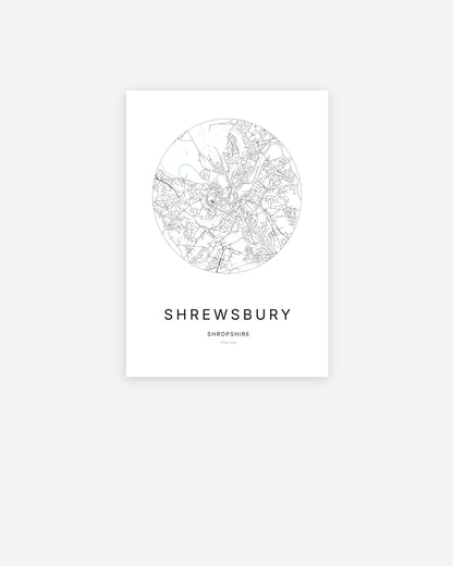 Plan de la ville de Shrewsbury au design minimaliste.
