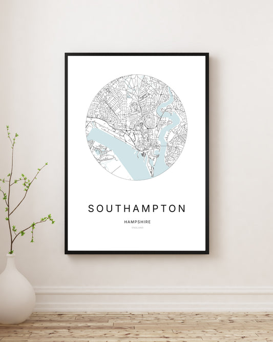Affiche minimaliste du plan de la ville de Southampton.